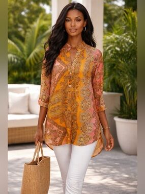 Nikkies Threads Paisley Blouse Women’s Medium Orange Boho Tunic Top Lightweight